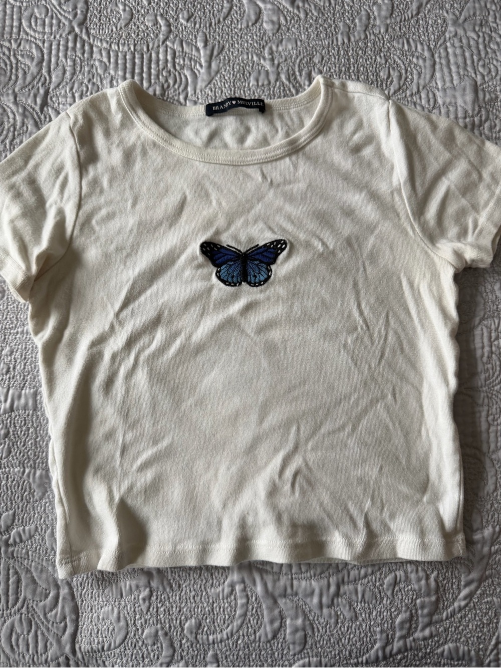 Brandy Melville White crop top with blue Butterfly embroidered